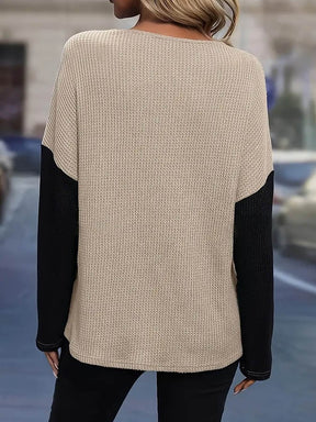 Winter Damen Waffelshirt mit Spitze Beige Schwarz Cozy Top