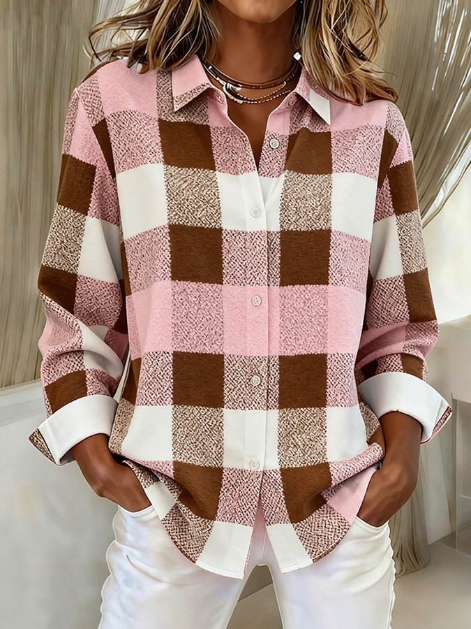 Kariertes Winter Damen Hemd rosa braun locker und warm