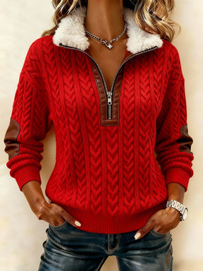 Damen Winter Half-Zip Strickpullover mit Teddykragen Cream