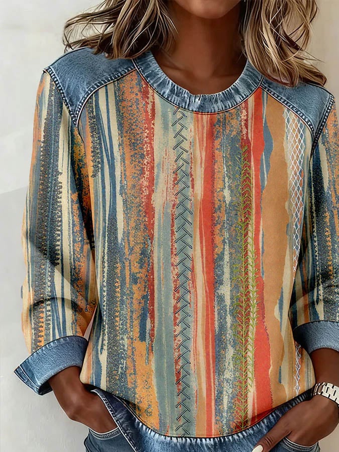 Winter Damen Sweatshirt Boho Denim Patchwork Pullover Warm