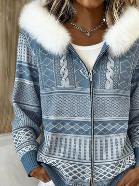 Damen Winterjacke blau mit Fellkapuze skandinavischer Look