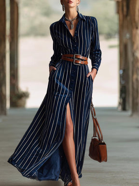 Winterliches Maxi-Kleid mit Streifen und Schlitz - Eleganz trifft Komfort