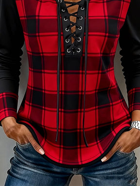 Damen Winter Karo Shirt rot-schwarz mit Schnür V-Ausschnitt