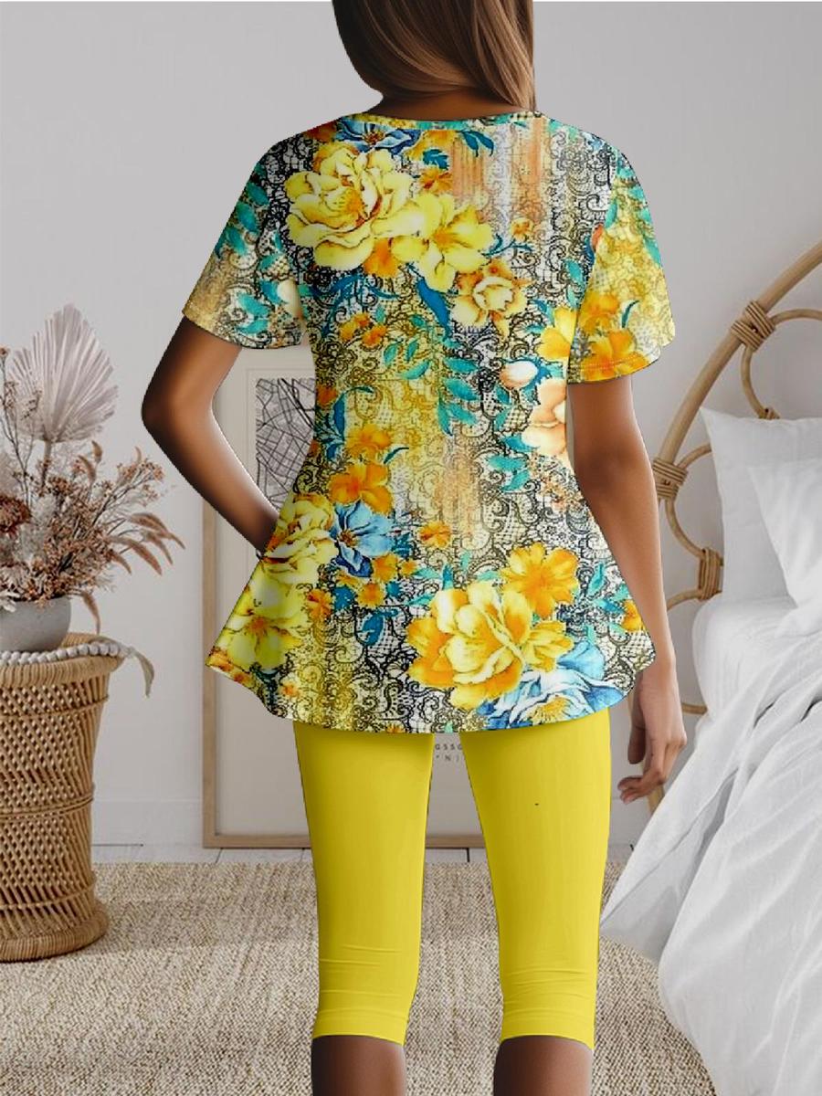 Herbstshafter Gelber Zweiteiler mit Blumenprint - Bequem und Schick