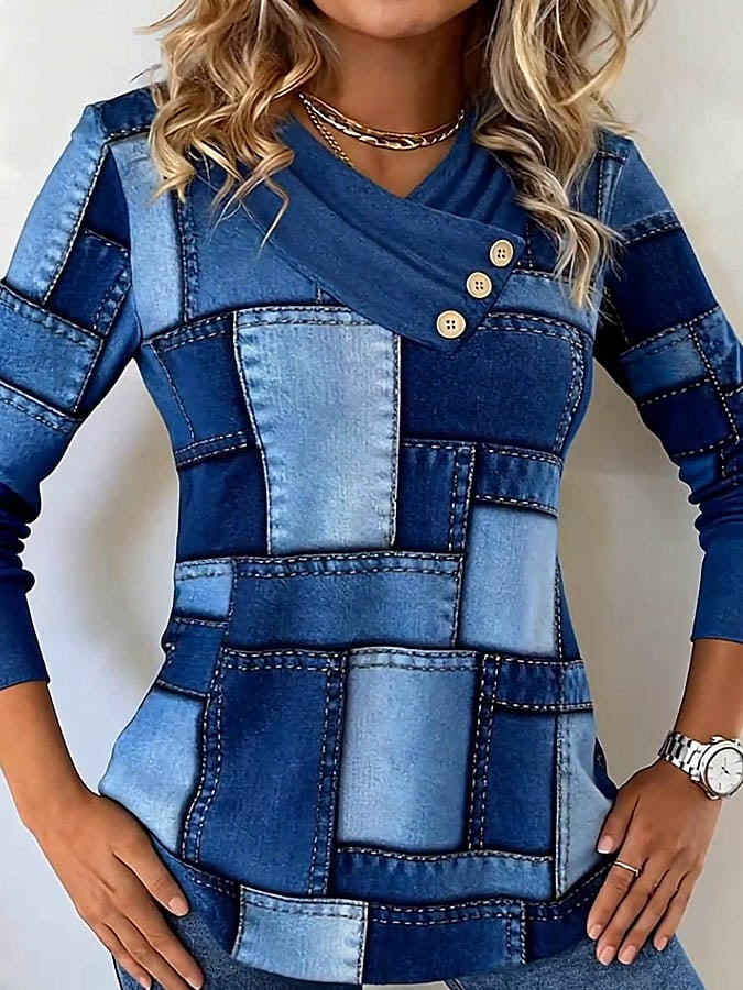 Winter Damen Longsleeve Denim Look warmes Patchwork Top
