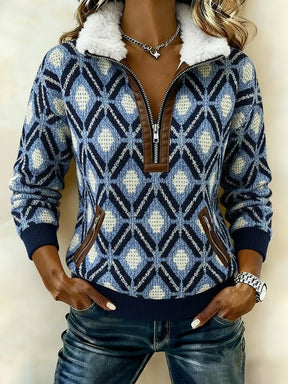 Warmer Fleece Strickpullover Blau Damen Winterpullover