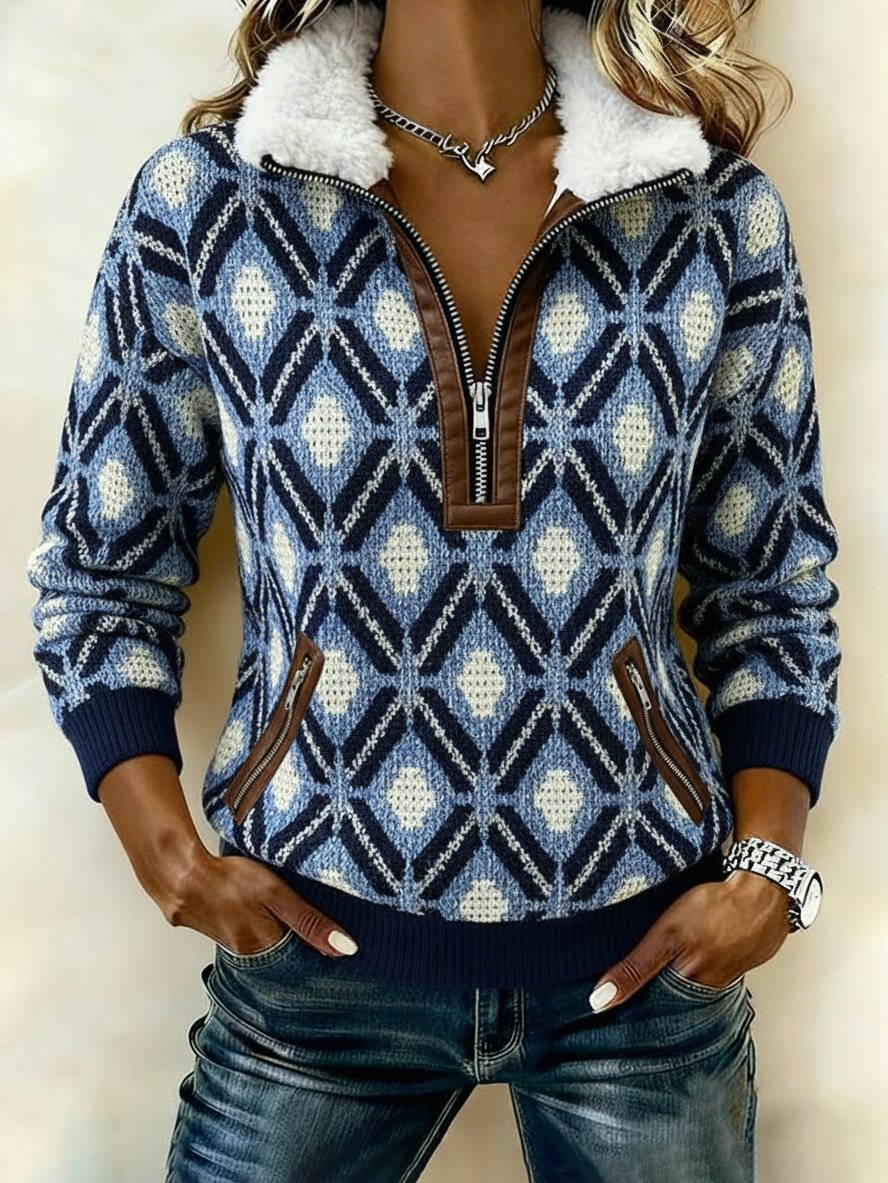 Warmer Fleece Strickpullover Blau Damen Winterpullover