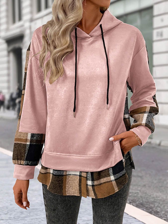 Kuscheliger Winter Hoodie karamell mit Karo-Saum Damen