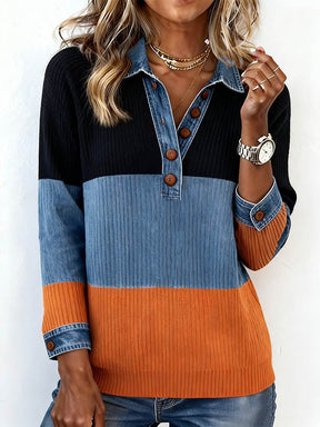 Kuscheliges Winter Strick-Top mit Denim-Look und Blockfarben