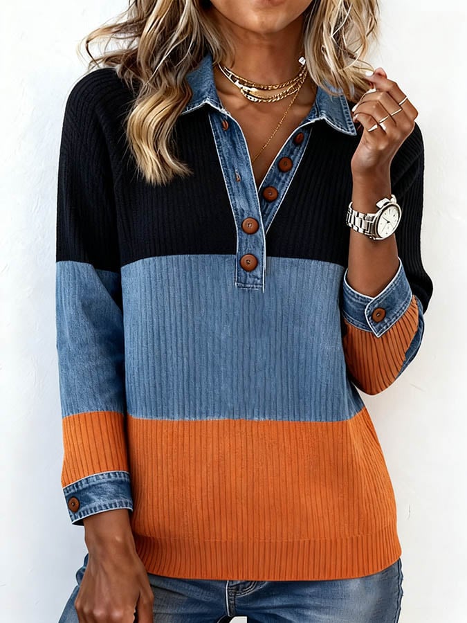 Kuscheliges Winter Strick-Top mit Denim-Look und Blockfarben