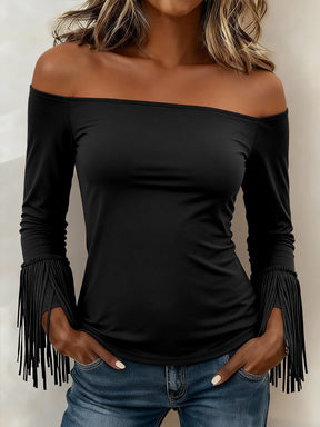 Winter Off-Shoulder Top Braun mit Fransenärmeln Party-Chic