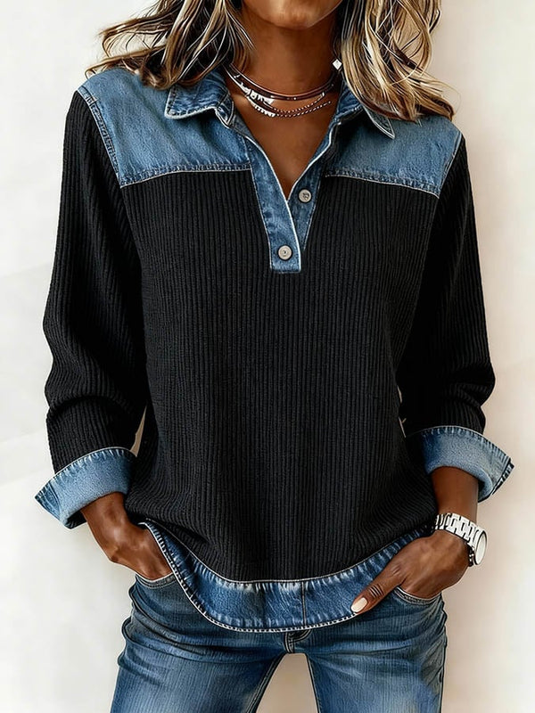 Winter Damen Sweatshirt Patchwork Denimkragen warm & casual