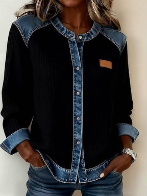 Warme Damen Winterjacke Casual Denim Patchwork Schwarz