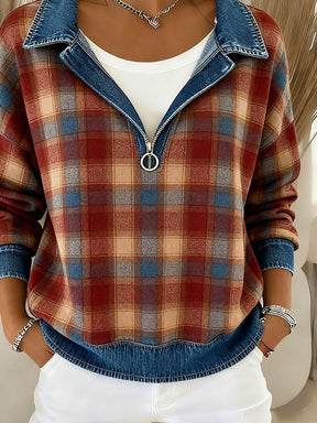 Kuscheliges Karo-Winter-Sweatshirt mit Denim-Kragen
