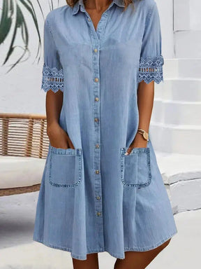 Herbstshafter Blue Denim Mini-Kleid mit Spitzen-Detail und Kragen