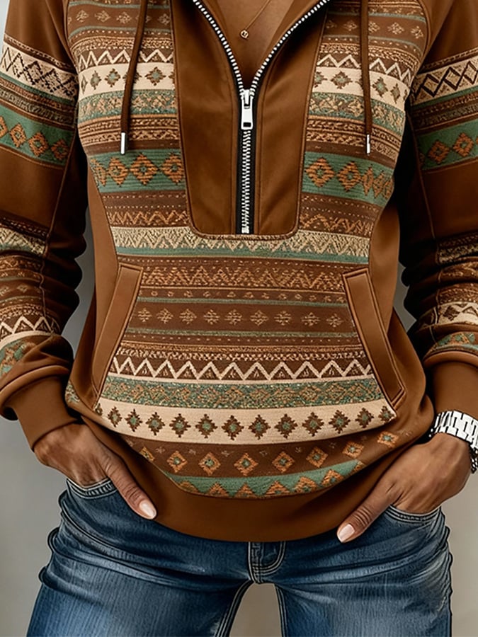 Winter Hoodie Damen Boho Ethno Warm Kuschelpullover Braun