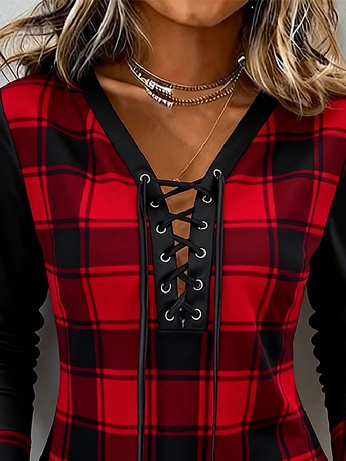 Damen Winter Karo Shirt rot-schwarz mit Schnür V-Ausschnitt