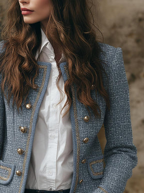 Herbstlicher Blue Tweed Double-Breasted Blazer - Luxus trifft Komfort