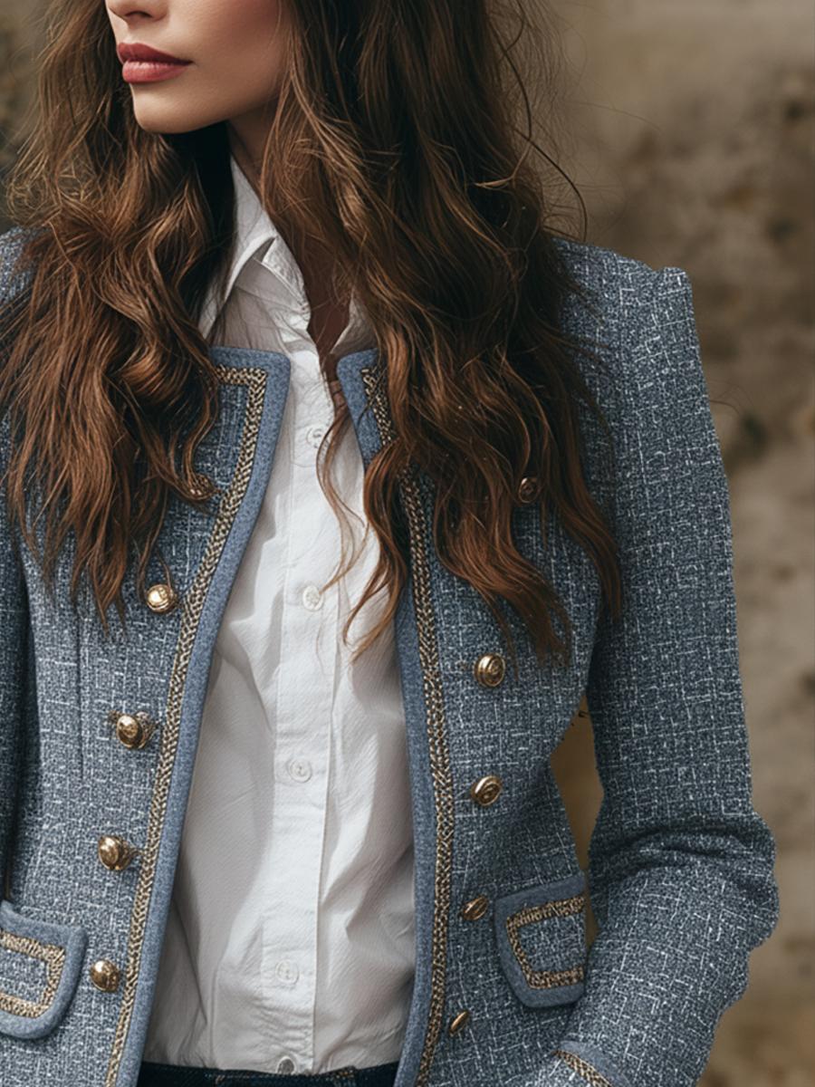 Herbstlicher Blue Tweed Double-Breasted Blazer - Luxus trifft Komfort