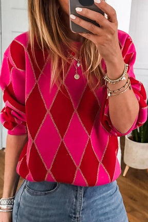 Winter-Luxus: Sweet Pink Argyle Geometric Crewneck Sweater für stilvolle Wärme