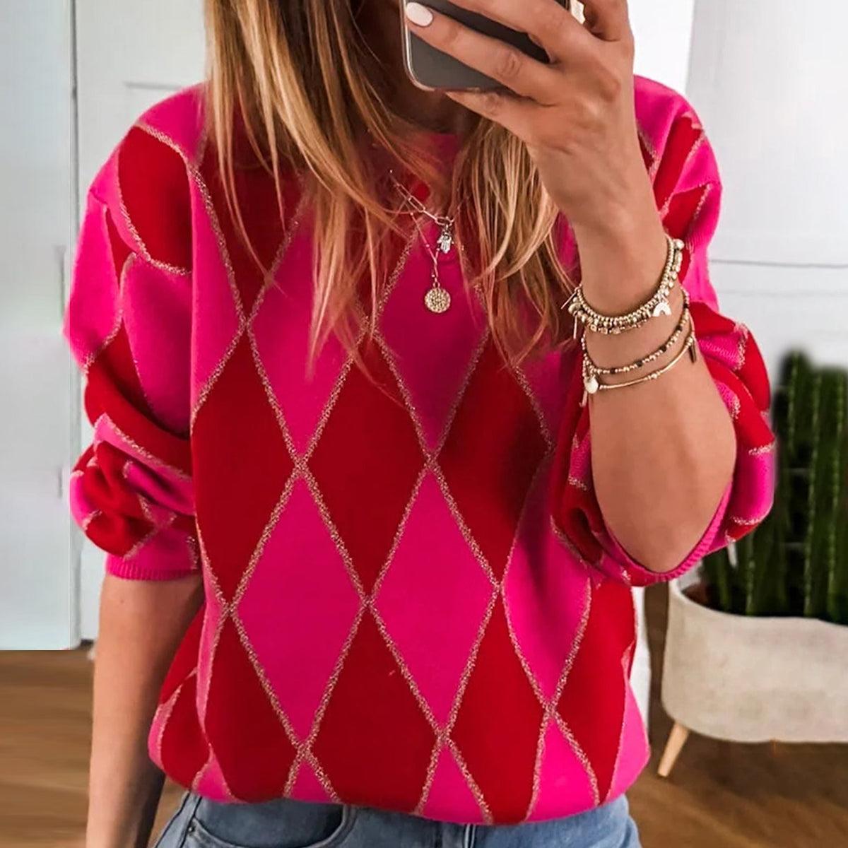 Winter-Luxus: Sweet Pink Argyle Geometric Crewneck Sweater für stilvolle Wärme