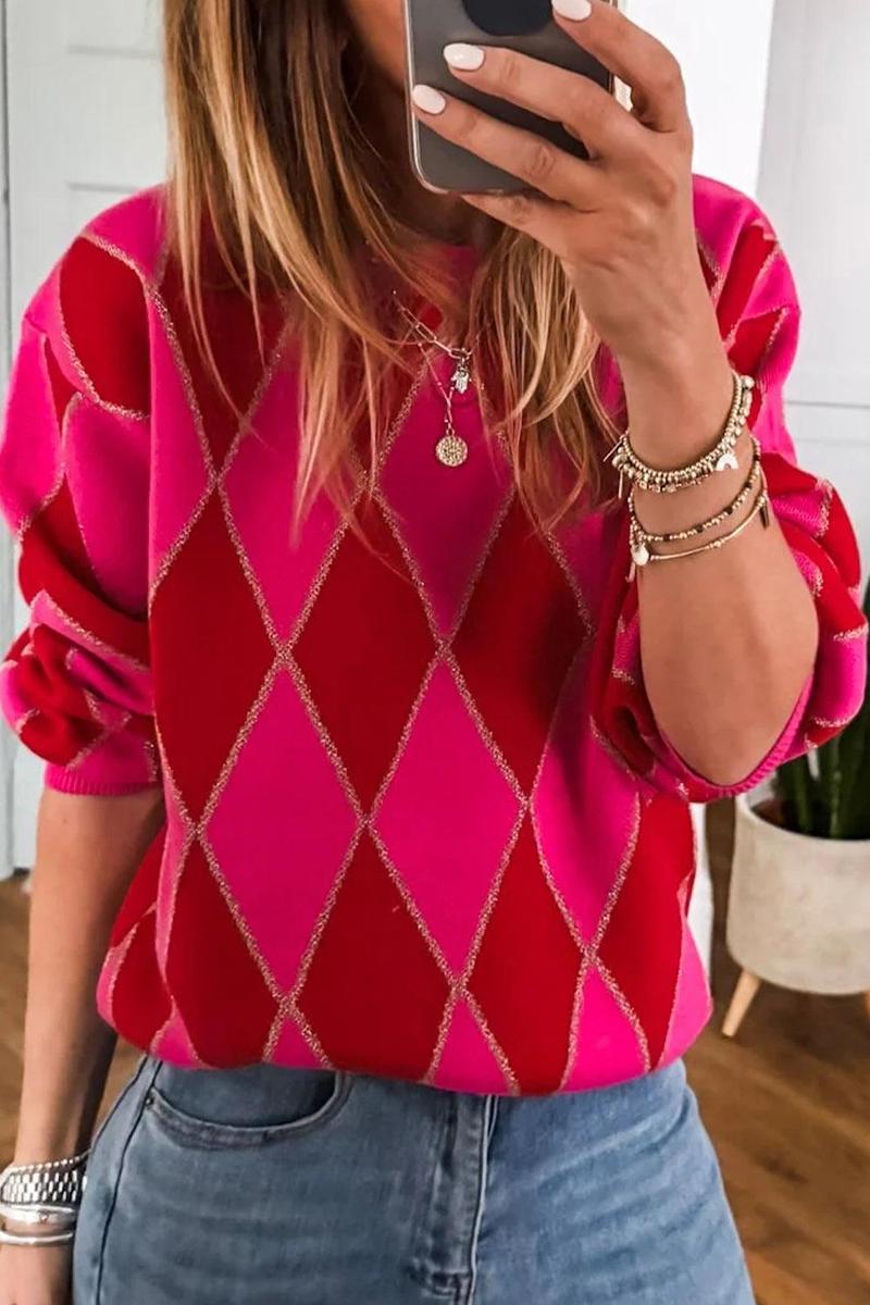 Winter-Luxus: Sweet Pink Argyle Geometric Crewneck Sweater für stilvolle Wärme
