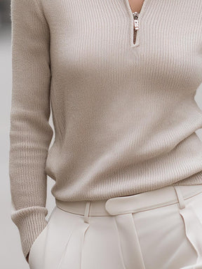 Herbstlicher Luxus: Simple Plain Ribbed Knit Half Zip Sweater - Bequem & Stilvoll