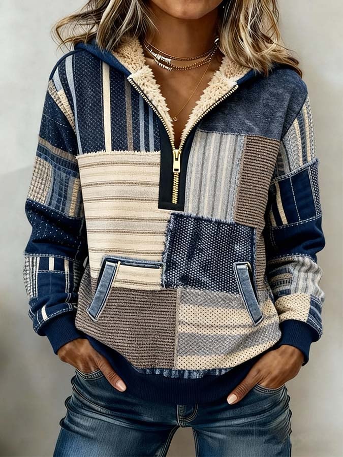 Kuscheliger Winter Hoodie Patchwork Blau Beige mit Teddyfutter