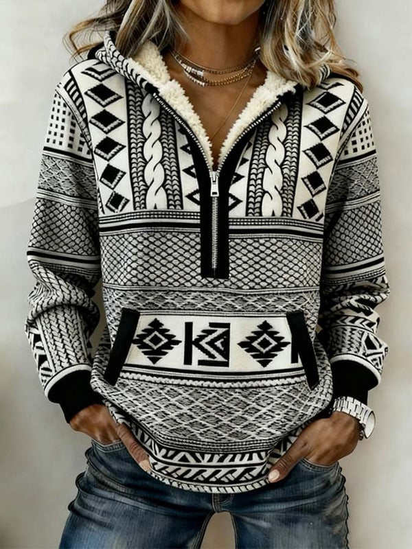 Kuscheliger Ethno Hoodie Winter Street Style Schwarz Weiß