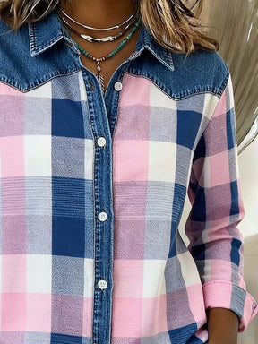 Winter Damen Karoblusenhemd mit Denim-Details, kuschelig casual