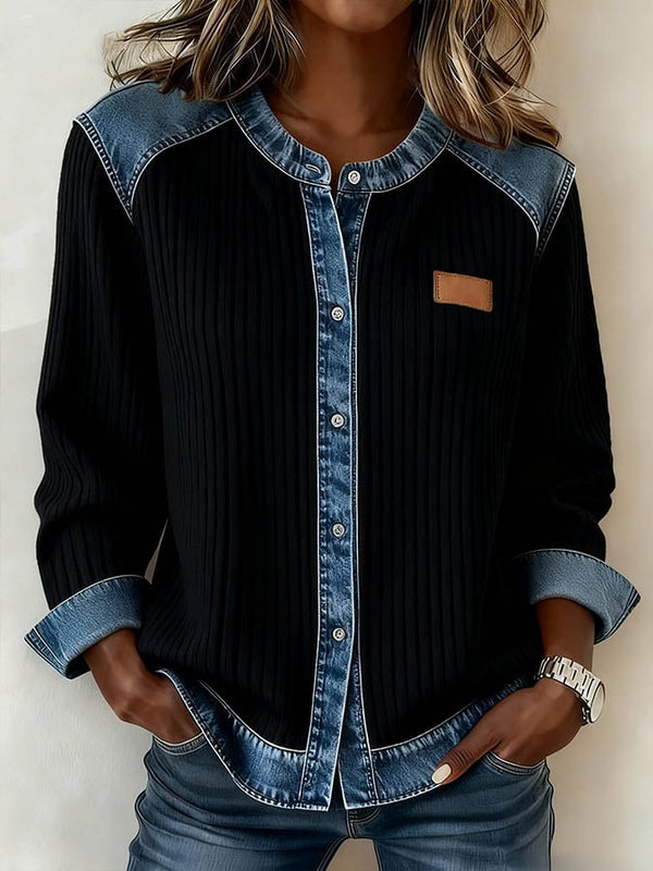 Warme Damen Winterjacke Casual Denim Patchwork Schwarz