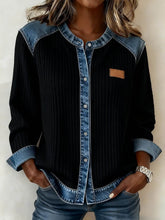 Warme Damen Winterjacke Casual Denim Patchwork Schwarz