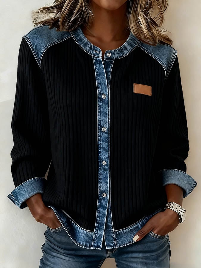 Warme Damen Winterjacke Casual Denim Patchwork Schwarz