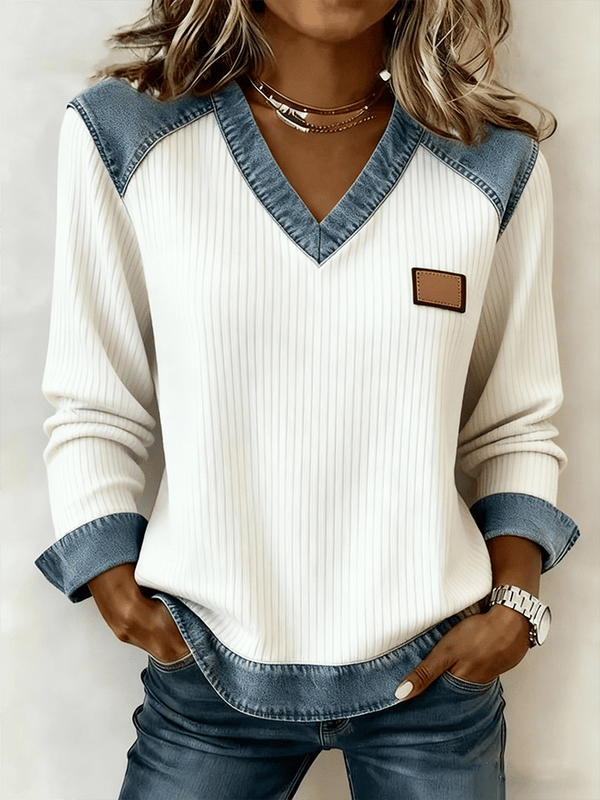Winter Damen V-Neck Pullover mit Denim Patchwork, cremeweiß