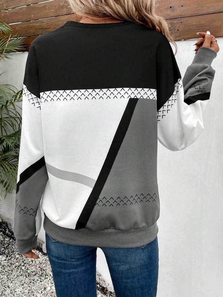Trendy Color Block Langarm-Top - Herbstsmode mit Luxuskomfort