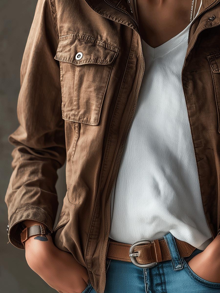 Classic Brown Utility Jacket – Timeless Cotton Field Style With Functional\nPockets