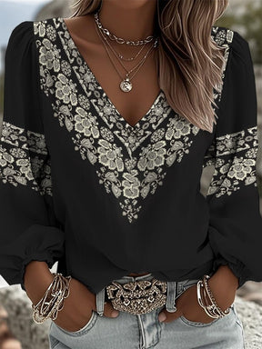 Winter Longsleeve V-Neck Top mit floraler Spitze Schwarz