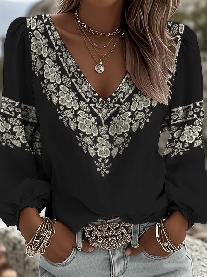 Winter Longsleeve V-Neck Top mit floraler Spitze Schwarz