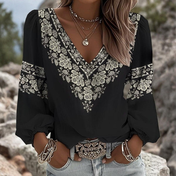 Winter Longsleeve V-Neck Top mit floraler Spitze Schwarz