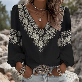 Winter Longsleeve V-Neck Top mit floraler Spitze Schwarz