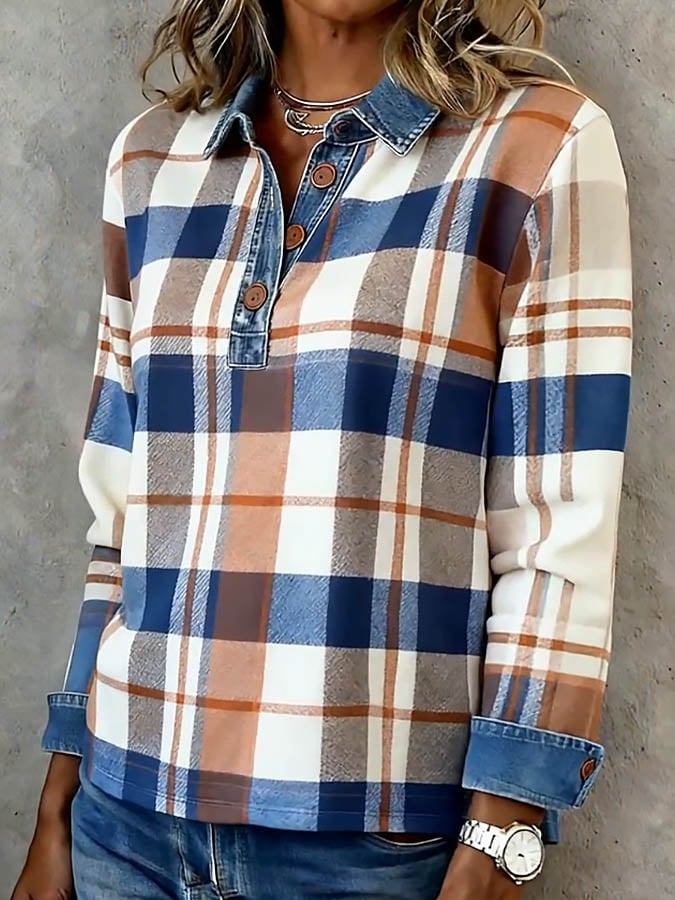 Winter Damen Karohemd mit Denim-Kragen warm und casual