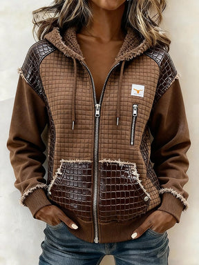 Warme Damen Patchwork Winterjacke mit Teddyfutter braun