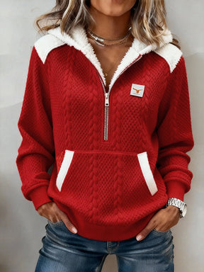 Kuscheliger Winter Hoodie rot weiß mit Fleece und Reißverschluss