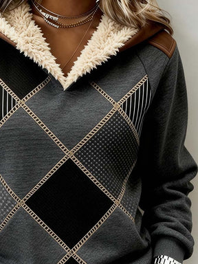 Damen Winter Pullover Hoodie Colorblock Teddyfutter warm