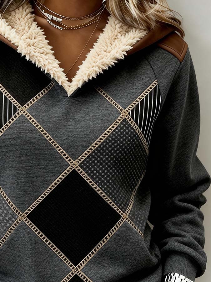 Damen Winter Pullover Hoodie Colorblock Teddyfutter warm