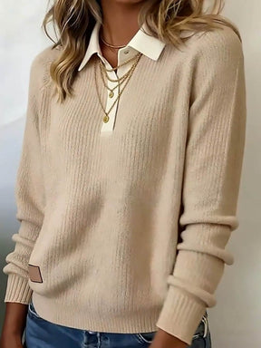 Beiger Damen Winter Strickpullover mit Kragen, kuschelig warm