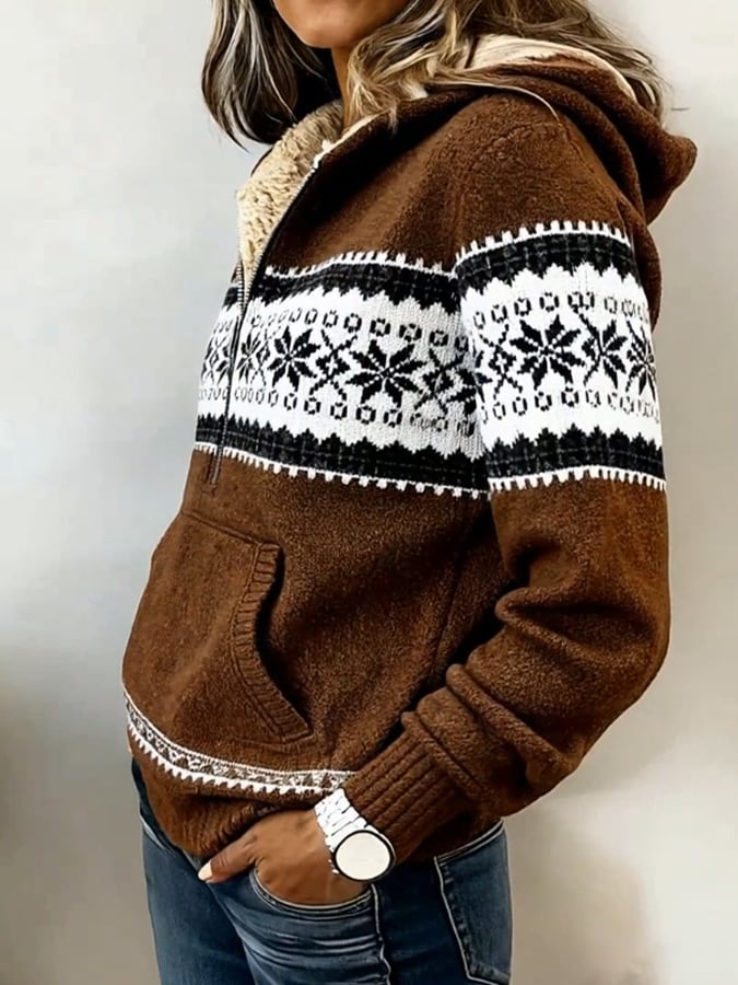 Damen Winter Hoodie Braun mit Norweger Muster Kuschelpullover