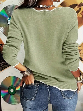 Herbstlicher Begleiter: Frischer Grüner Langarm Pullover mit V-Ausschnitt