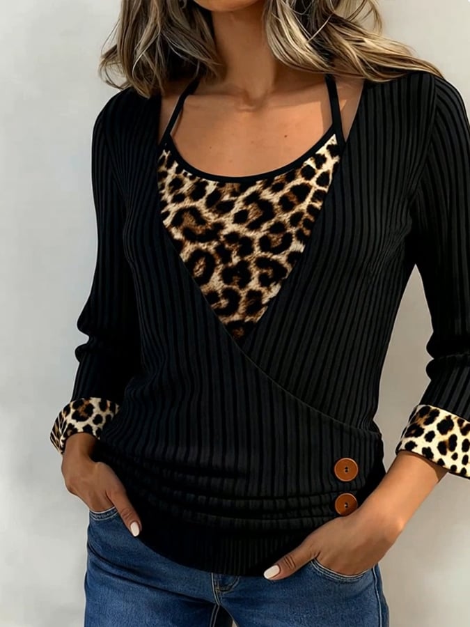 Winter Damen Wickelshirt schwarz mit Leo Print, warm Casual