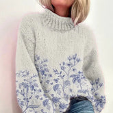 Herbstlicher Charme: Fresh Plant Print Mock Neck Sweater - Stilvoll & Gemütlich